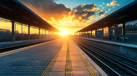 A panoramic view of an empty train platform at sunset, with golden light reflecting on the rails, symbolizing the peaceful end of a day journey.の素材