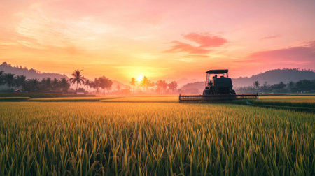 A panoramic view of a rice field at sunset, with a rice harvester in the distance, its silhouette highlighted against the orange and pink hues of the sky.の素材