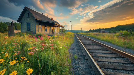A serene countryside train station, with tracks leading off into the distance and wildflowers growing nearby, symbolizing the quiet beauty of rural travel.の素材