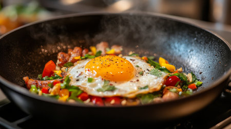 A sizzling hot pan of Thai-style fried eggs, perfectly cooked with a golden yolk, served with crispy sausages and fresh vegetables, capturing the essence of a hearty breakfast.の素材