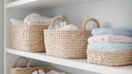 A serene nursery with cute storage baskets lined up on a shelf, filled with baby essentials, creating an organized and charming space for new parentsの素材