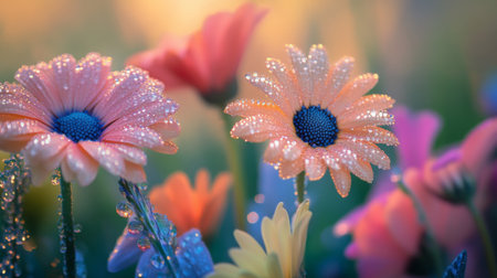 A serene garden scene featuring various colorful flowers with dew drops on their petals, reflecting the soft morning light and creating a peaceful atmosphere.の素材