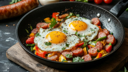 A sizzling hot pan of Thai-style fried eggs, perfectly cooked with a golden yolk, served with crispy sausages and fresh vegetables, capturing the essence of a hearty breakfast.の素材