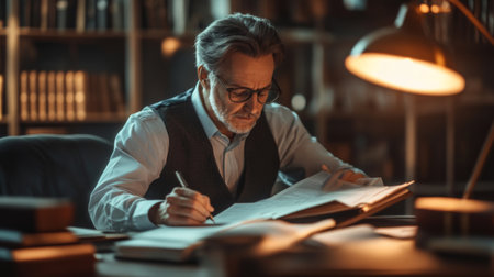 A thoughtful lawyer reviewing a case file in a quiet office, with a warm lamp illuminating the documents, symbolizing dedication and diligence in the legal profession.の素材