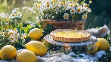 A serene outdoor picnic scene featuring a delicious lemon tart surrounded by fresh lemons and wildflowers, creating a warm and inviting atmosphere for dessert.の素材