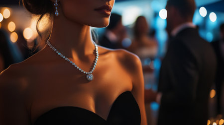 A stylish woman wearing a dazzling diamond necklace at an upscale event, with guests mingling in the background, capturing the essence of luxury and sophistication.の素材