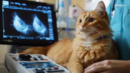 A veterinarian using an ultrasound machine on a pregnant cat, with a screen displaying images, showcasing advanced technology in veterinary medicine for animal health.の素材