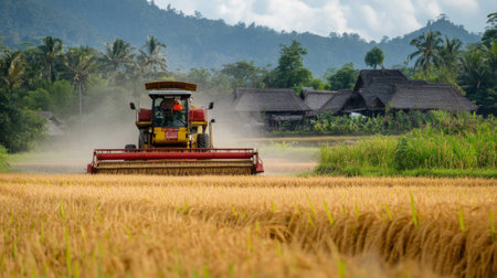 A traditional rice farming village in the background, with a large rice harvester working in the foreground, showing the contrast between modern and traditional agriculture.の素材