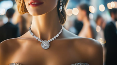 A stylish woman wearing a dazzling diamond necklace at an upscale event, with guests mingling in the background, capturing the essence of luxury and sophistication.の素材