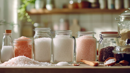 A vibrant kitchen scene featuring various types of salt in jars, including sea salt and Himalayan pink salt, showcasing the diversity of seasoning options available to home cooks.の素材