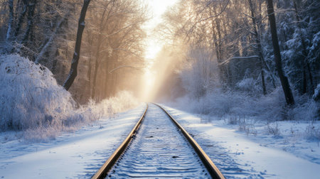 A tranquil winter scene featuring snow-covered railway tracks leading into a dense forest, with soft sunlight filtering through the trees, creating a peaceful atmosphere.の素材