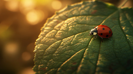 A vibrant green leaf with a close-up of a ladybug crawling across the surface, with soft sunlight highlighting the tiny details of the insect's red shell and black spotsの素材
