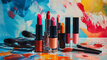 A vibrant display of various lipstick shades on a vanity table, with brushes and other cosmetic products arranged artistically, capturing the essence of beauty and self-expression.の素材