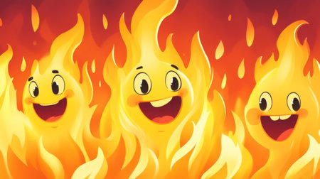 A vibrant illustration of cartoon flames with smiling faces, ideal for children educational materials about fire safety and the nature of flames.の素材