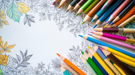 A vibrant flat lay of coloring supplies, including crayons, colored pencils, and a beautifully illustrated coloring book open to a page filled with intricate designs waiting to be colored.の素材