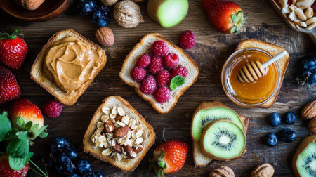 A vibrant flat lay of various toppings for toasted bread, including nut butter, fruits, and honey, arranged artistically on a wooden table for a delightful brunch spread.の素材