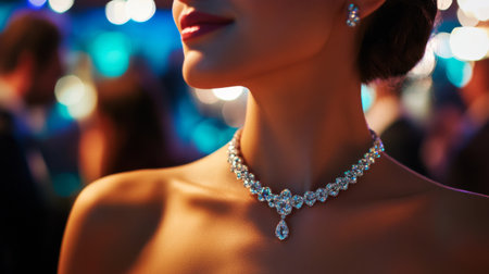A stylish woman wearing a dazzling diamond necklace at an upscale event, with guests mingling in the background, capturing the essence of luxury and sophistication.の素材