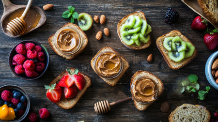A vibrant flat lay of various toppings for toasted bread, including nut butter, fruits, and honey, arranged artistically on a wooden table for a delightful brunch spread.の素材