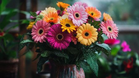 A vibrant bouquet of flowers in a glass vase with droplets of water on the leaves, emphasizing freshness and the importance of hydration for plant health.の素材