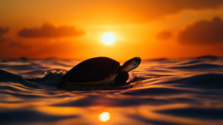 A serene sunset view of a sea turtle silhouette against the orange glow of the setting sun as it swims near the ocean surface, capturing the peaceful moment.の素材