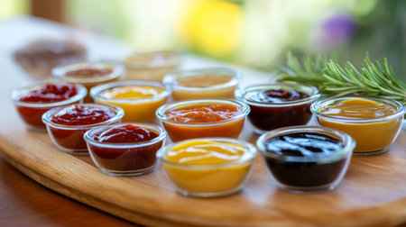 A vibrant display of various sauces in small glass bowls, including ketchup, mustard, and barbecue sauce, beautifully arranged on a wooden platter, ready for a barbecue feast.の素材