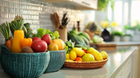 A vibrant kitchen scene with colorful baskets holding fresh fruits and vegetables on the countertop, promoting a healthy lifestyle and emphasizing natural beauty in home decor.の素材