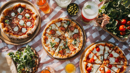 A vibrant outdoor picnic setting featuring a variety of pizzas on a checkered blanket, with fresh ingredients and drinks, capturing the joy of sharing food with friendsの素材
