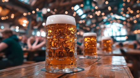 A vibrant Oktoberfest scene with large steins of beer on long wooden tables, people in traditional Bavarian attire, and a festive atmosphere filled with cheers and celebration.の素材