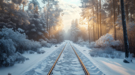 A tranquil winter scene featuring snow-covered railway tracks leading into a dense forest, with soft sunlight filtering through the trees, creating a peaceful atmosphere.の素材