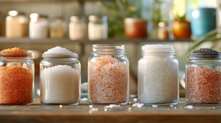 A vibrant kitchen scene featuring various types of salt in jars, including sea salt and Himalayan pink salt, showcasing the diversity of seasoning options available to home cooks.の素材