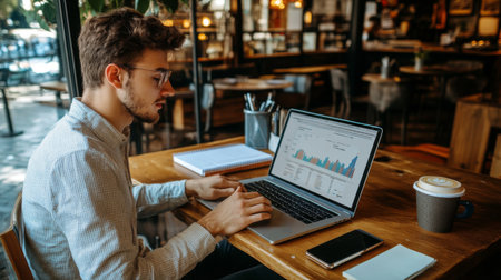 A young entrepreneur studying financial graphs on a laptop while sitting in a coffee shop, showcasing a blend of work and casual environment, with coffee and notebooks nearby.の素材