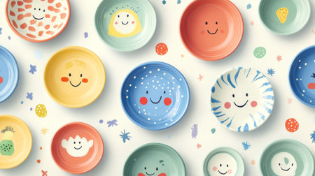 A whimsical illustration of cartoon-style plates and bowls, each with unique expressions, perfect for children educational materials about dining and foodの素材