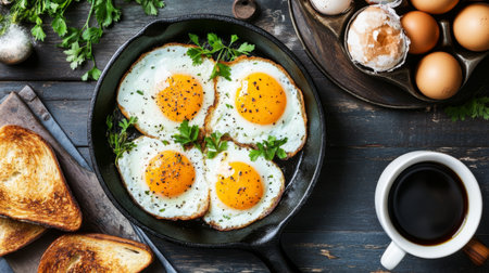 An inviting breakfast table featuring a cast iron pan filled with fluffy fried eggs, garnished with herbs and served alongside fresh toast and coffee, showcasing a delightful morning spread.の素材