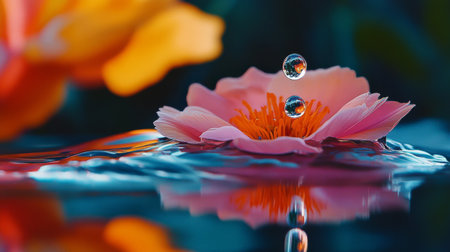An artistic shot of a water droplet rolling down the petal of a flower, capturing the reflection of the surrounding garden, symbolizing the connection between nature and waterの素材