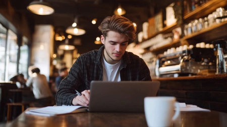 A young entrepreneur studying financial graphs on a laptop while sitting in a coffee shop, showcasing a blend of work and casual environment, with coffee and notebooks nearby.の素材