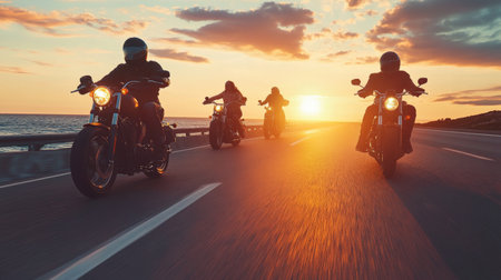 A vibrant scene of a group of friends on motorcycles riding along a picturesque coastal highway at sunset, showcasing camaraderie and the joy of exploring together.の素材