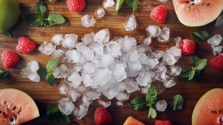 An artistic overhead view of crushed ice scattered on a wooden table, surrounded by fresh fruits and mint leaves, emphasizing the refreshing ingredients for summer beverages.の素材