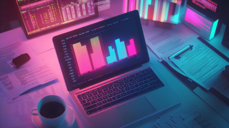An overhead view of a digital workspace with a glowing 3D financial bar graph displayed on a laptop screen, surrounded by financial documents and a coffee cup, representing analysis.の素材