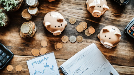 An overhead view of a wooden table filled with piggy banks of different sizes, stacks of coins, and a notepad with budgeting tips, emphasizing various strategies for effective saving.の素材