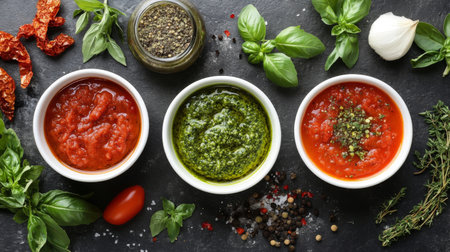 An artistic flat lay of homemade sauces like pesto, marinara, and salsa, surrounded by fresh herbs and spices, showcasing the flavors and colors of each sauce.の素材