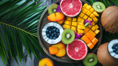 An overhead view of a tropical fruit platter with fresh coconuts, sliced fruit, and colorful garnishes, emphasizing the natural beauty and health benefits of coconut water.の素材