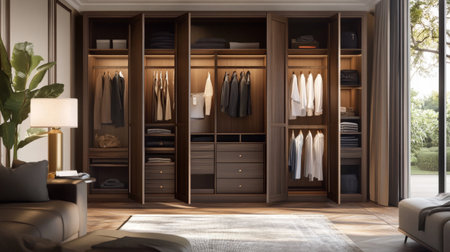 An inviting guest room featuring a chic wardrobe with a few open doors revealing guest attire, creating a warm and accommodating atmosphere for visitors.の素材