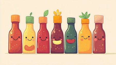 A whimsical illustration of cartoon sauce bottles with smiling faces, perfect for children's educational materials about different types of sauces and their uses.の素材