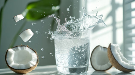 An artistic image of coconut water splashing into a clear glass, emphasizing the freshness and purity of the beverage, perfect for health-focused themesの素材