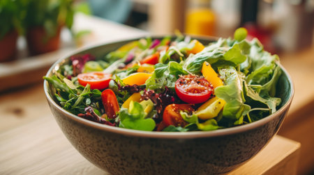 A close-up of a handmade ceramic bowl filled with colorful salads, showcasing artisanal craftsmanship and healthy eating in a vibrant kitchen setting.の素材