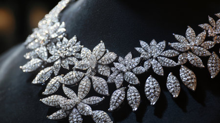 A detailed view of the intricate design of a diamond necklace, showcasing the unique settings and cut of each stone, emphasizing the beauty of high-quality craftsmanship.の素材