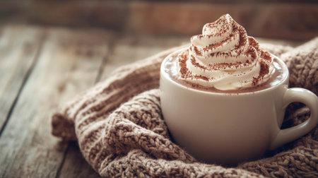 A steaming cup of hot chocolate topped with whipped cream and cocoa powder, placed on a wooden table with a cozy blanket, evoking warmth and comfort on a cold dayの素材
