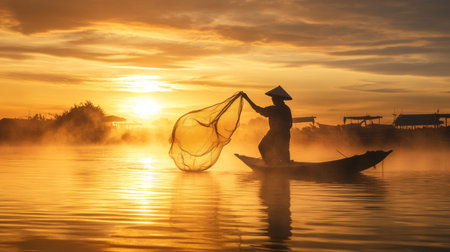 A traditional fisherman casting his net into the shimmering water at sunrise, with silhouettes of boats in the background, capturing the essence of early morning fishing life.の素材