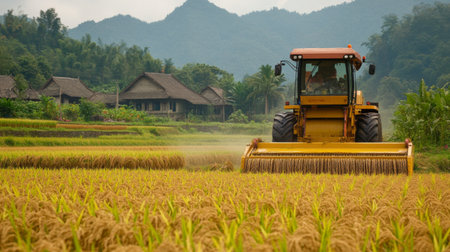 A traditional rice farming village in the background, with a large rice harvester working in the foreground, showing the contrast between modern and traditional agriculture.の素材