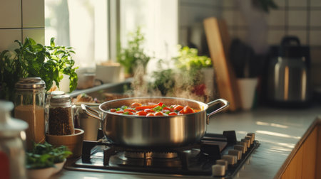 A serene kitchen setting with a pot of simmering tom yum goong on the stove, surrounded by fresh herbs and spices, conveying the comforting feeling of home cooking.の素材